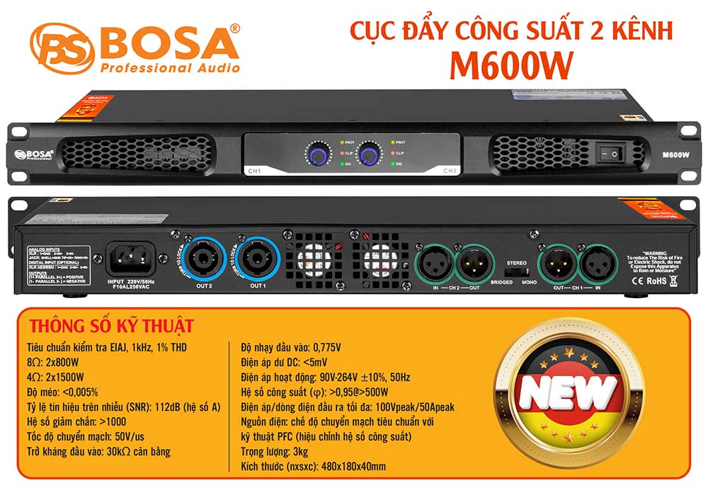 Main cục đẩy công suất 2 kênh bosa M600W
