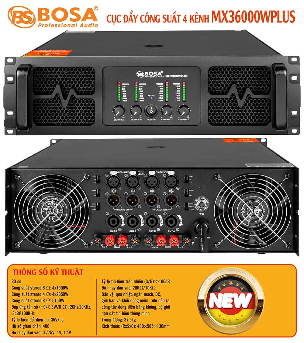 Cục đẩy công suất 4 kênh bosa MX36000W PLUS
