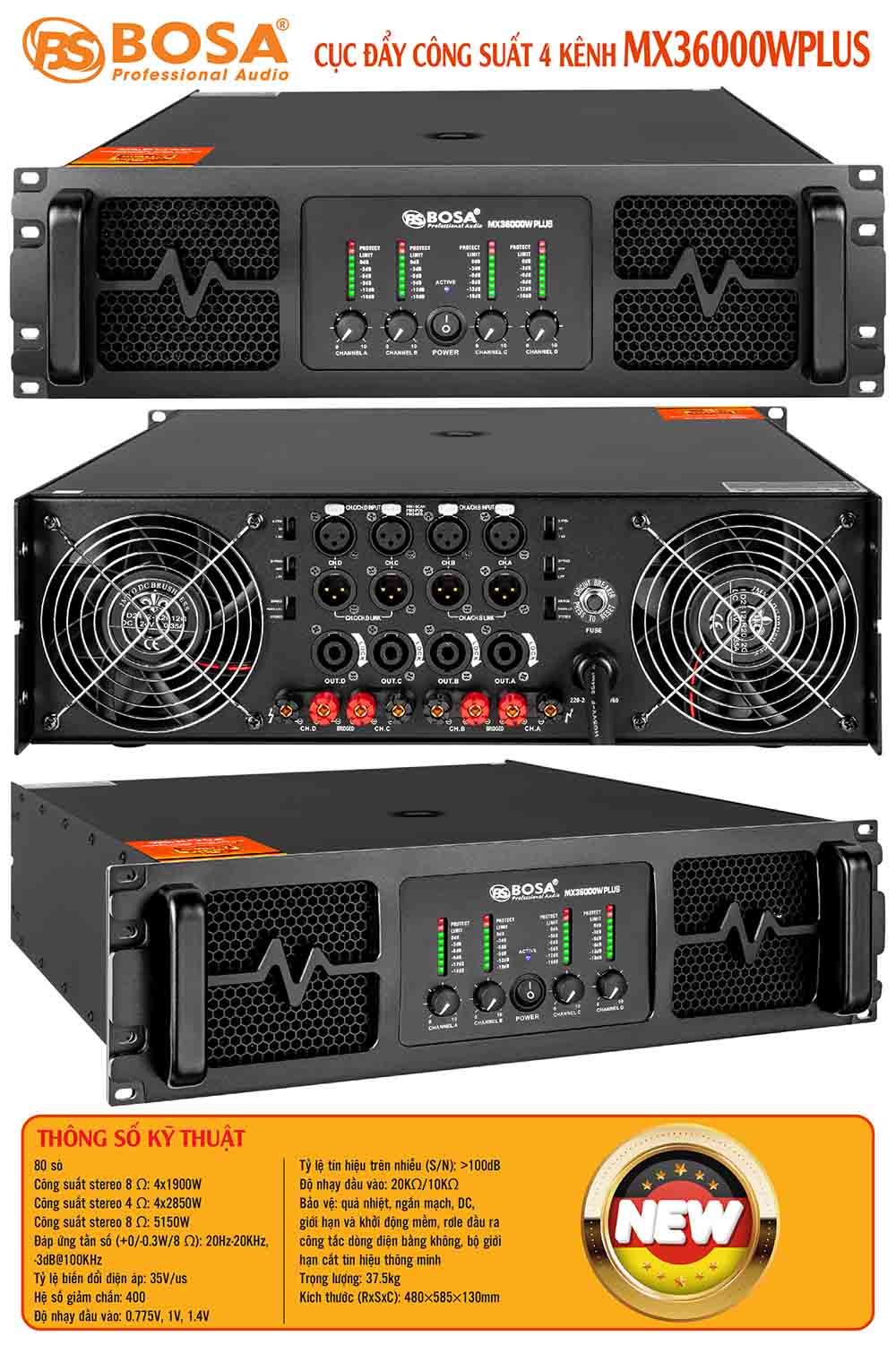 Cục đẩy công suất 4 kênh bosa MX36000W PLUS