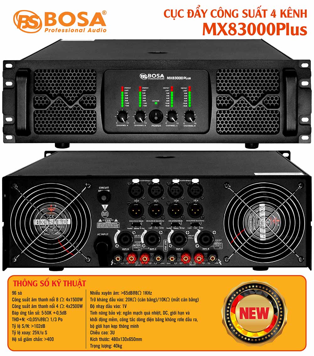 Cục đẩy công suất 4 kênh bosa MX83000Plus