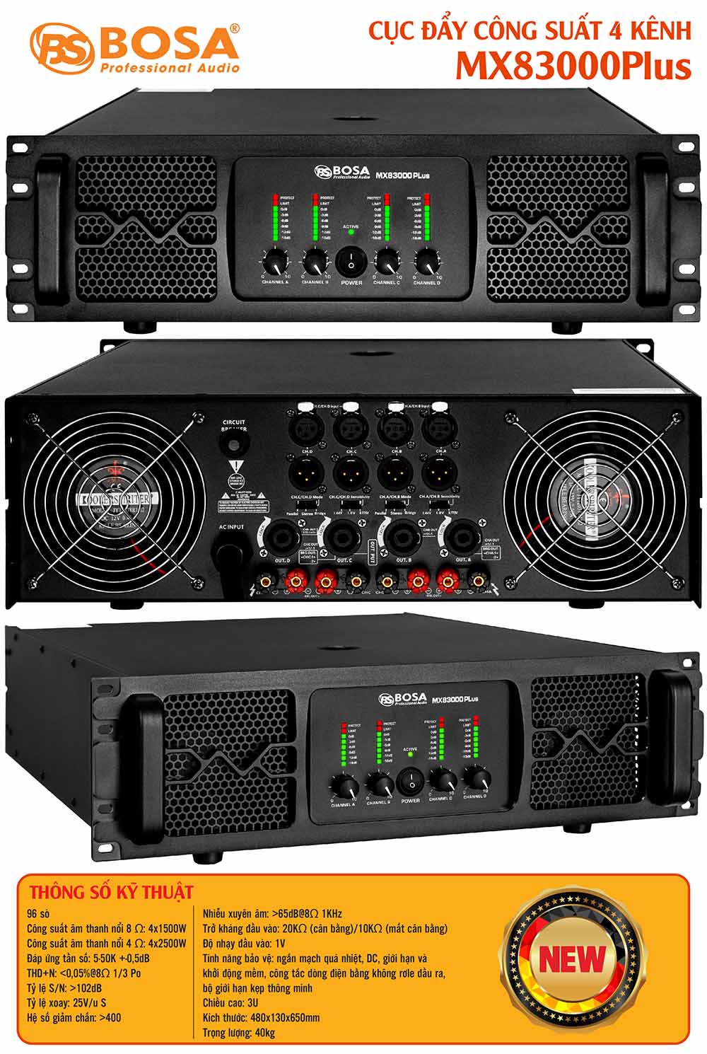 Cục đẩy công suất 4 kênh bosa MX83000Plus