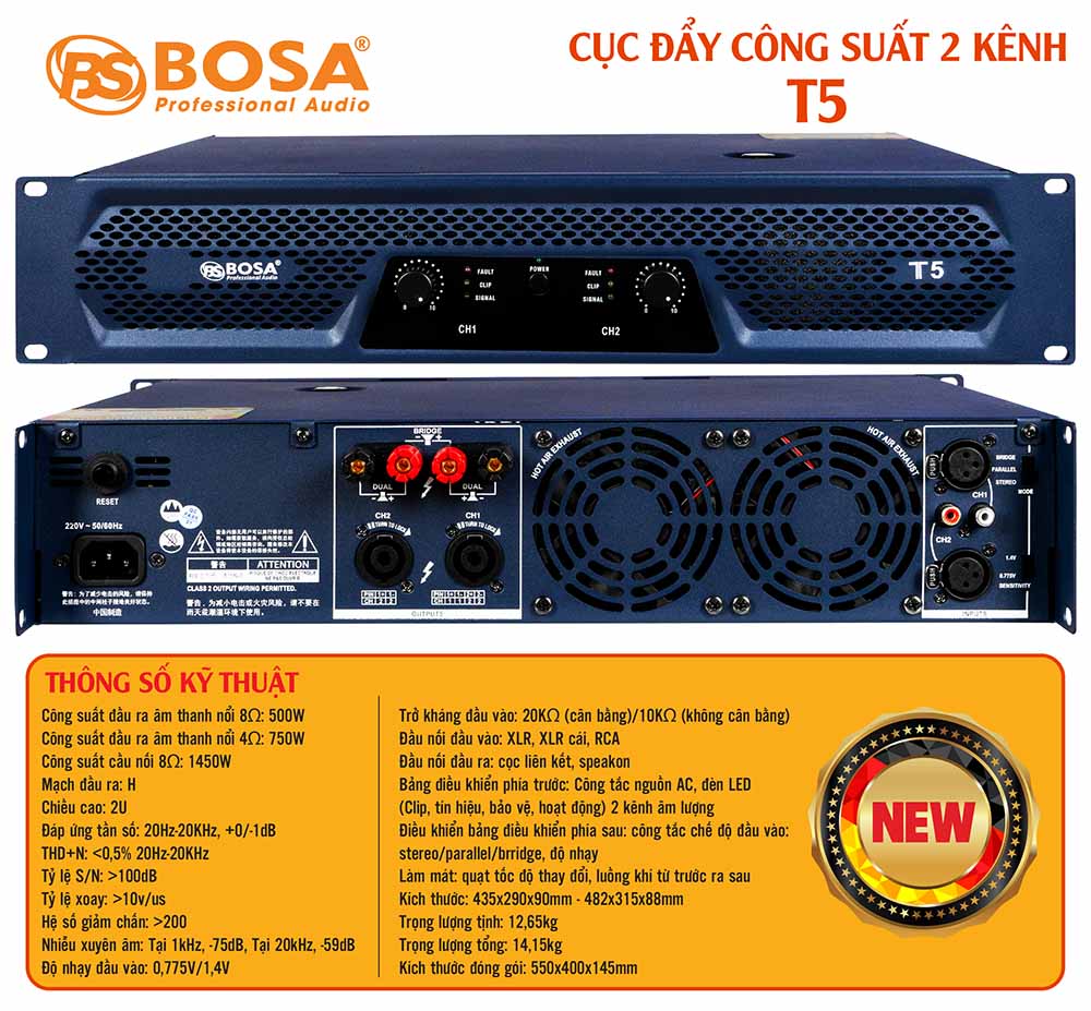 Cục đẩy công suất 2 kênh bosa T5
