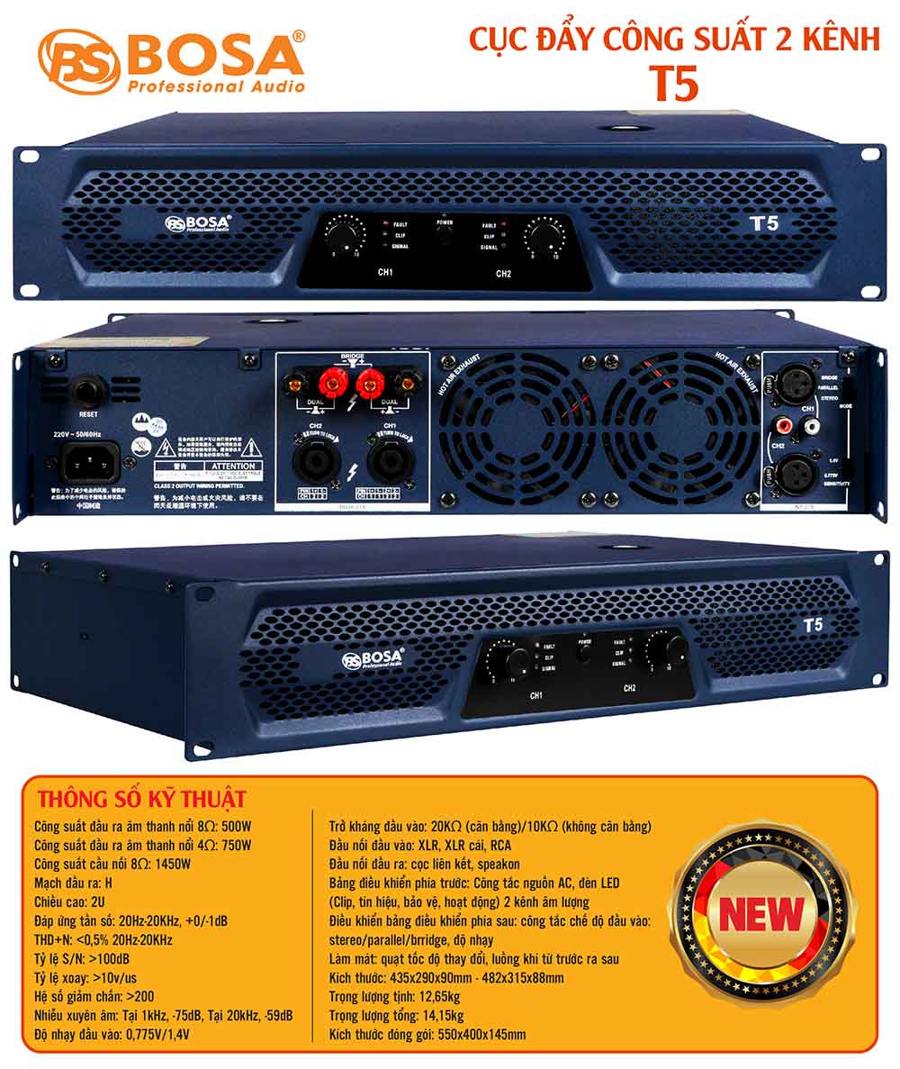 Cục đẩy công suất 2 kênh bosa T5