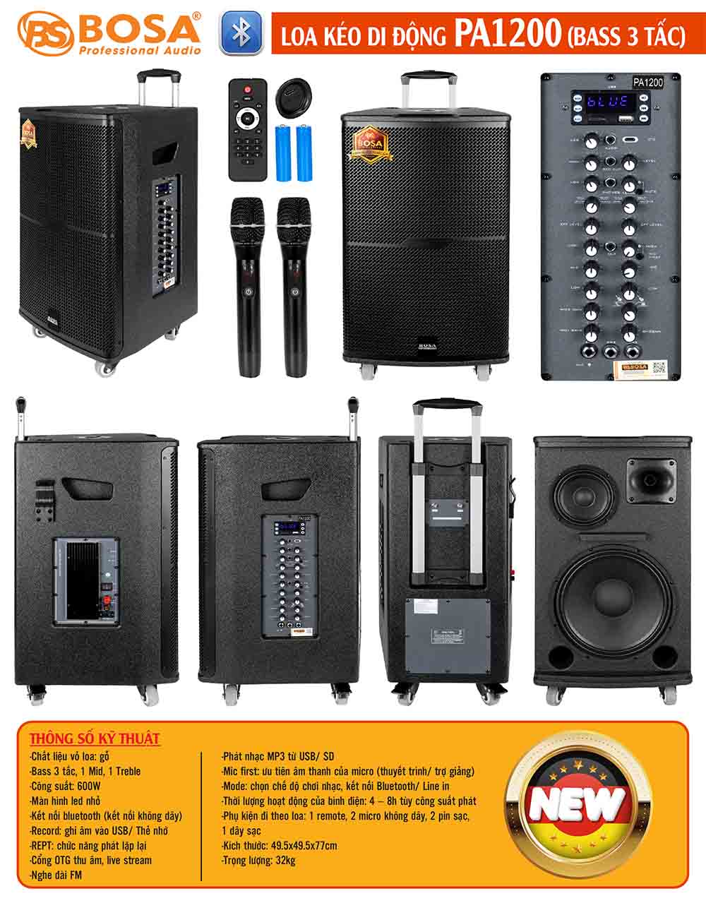 Loa kéo di động bosa PA1200 (Bass 3 tấc)