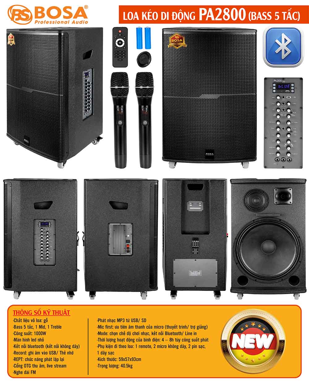 Loa kéo di động bosa PA2800 (Bass 5 tấc)