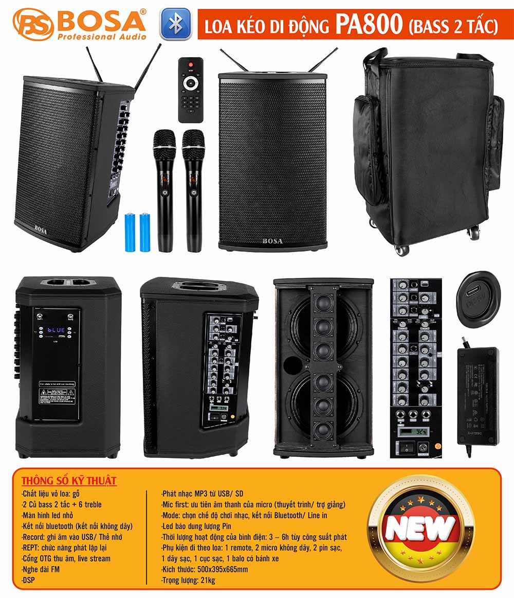 Loa kéo di động bosa PA800 (bass 2 tấc)