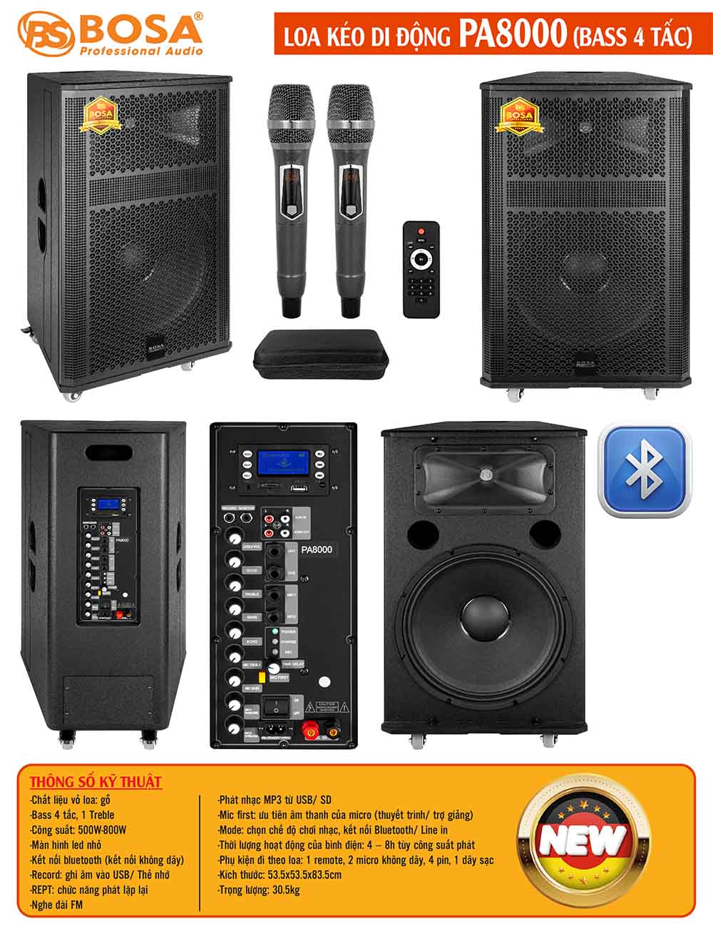 Loa kéo di động bosa PA8000 (bass 4 tấc) đen