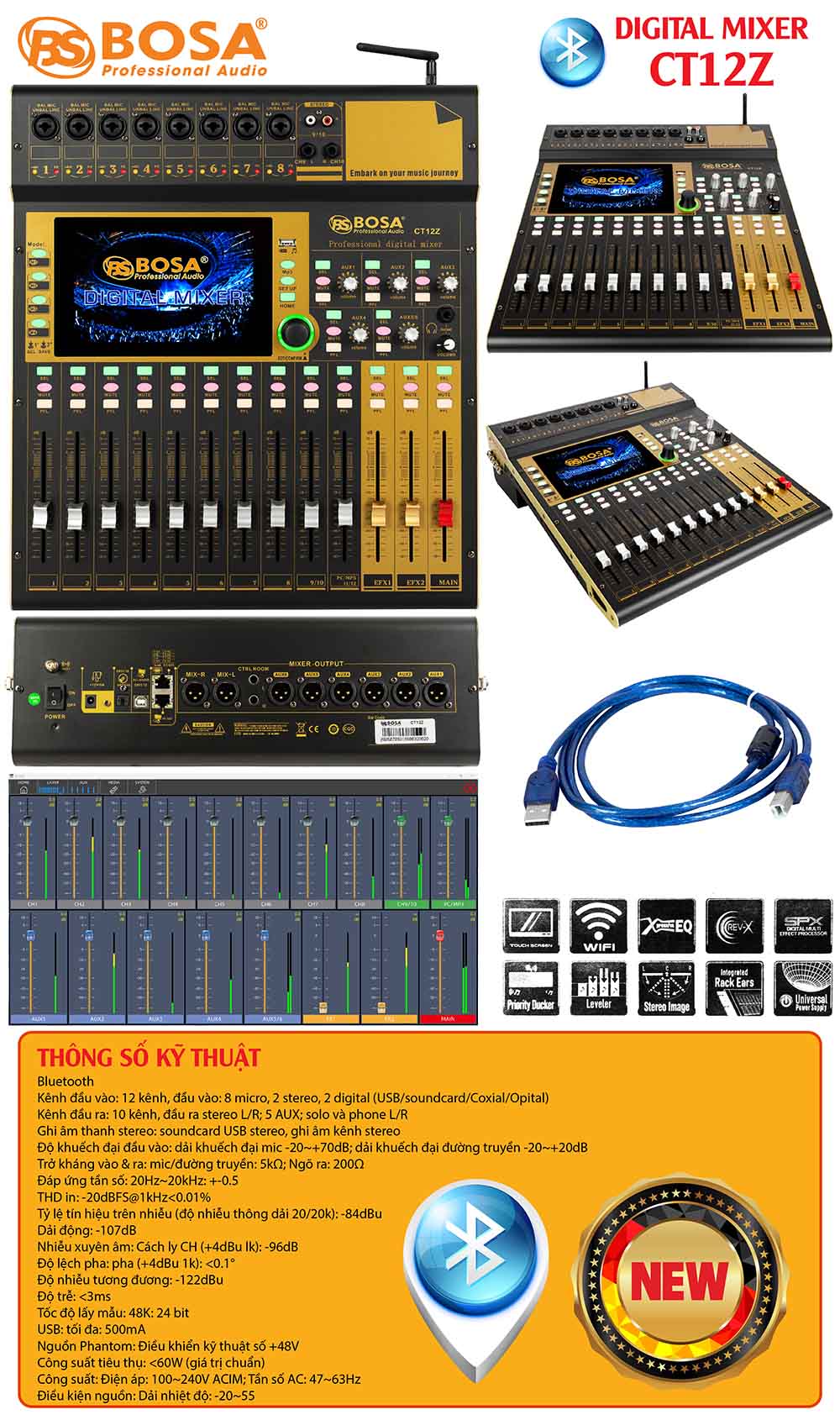 Digital mixer bosa CT12Z (vàng) bluetooth
