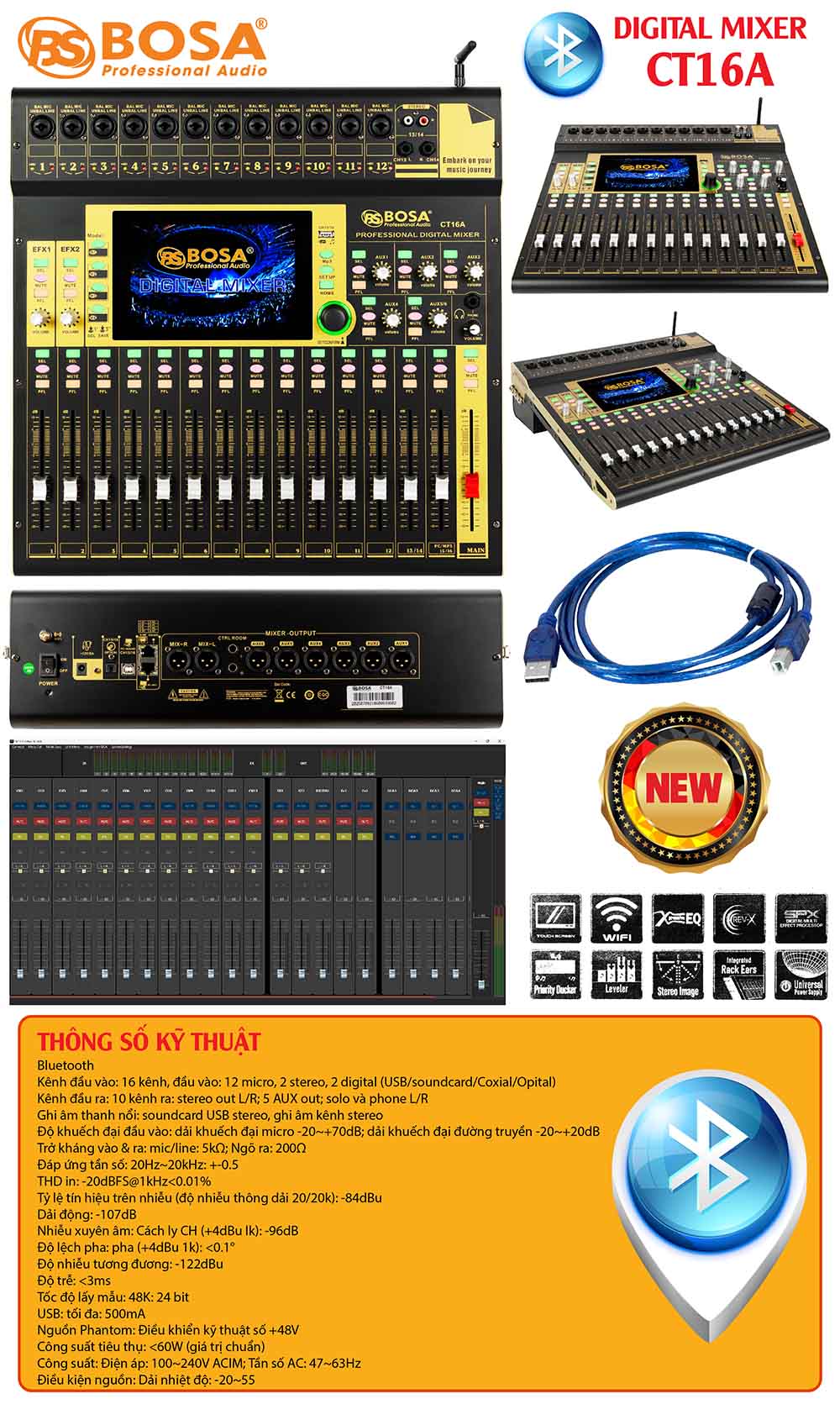 Digital mixer bosa CT16A (vàng) - bluetooth